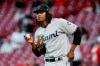 Miami Marlins starting pitcher Jose Urena reacts after giving up a two-run home run to Cincinnati Reds' Jesse Winker during the fourth inning of a baseball game Tuesday, April 9, 2019, in Cincinnati. (AP Photo/John Minchillo)