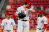Cincinnati Reds starting pitcher Tanner Roark (35) waits to be relieved in the fourth inning of a baseball game against the Pittsburgh Pirates, Tuesday, July 30, 2019, in Cincinnati. (AP Photo/John Minchillo)