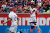 Venezuela midfielder Jhon Murillo (15) heads the ball against United States defender Nick Lima, right, during the first half of an international friendly soccer match, Sunday, June 9, 2019, in Cincinnati. (AP Photo/John Minchillo)