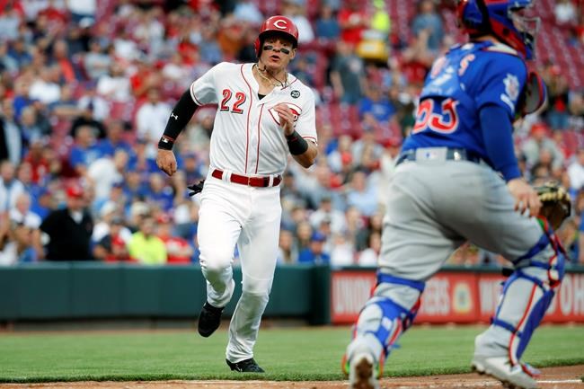 Cincinnati Reds' Derek Dietrich (22) runs how to score on a RBI double by Jose Iglesias off Chicago Cubs starting pitcher Yu Darvish in the fourth inning of a baseball game, Wednesday, May 15, 2019, in Cincinnati. (AP Photo/John Minchillo)