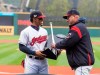 Cleveland Indians' Francisco Lindor, left, receives his 2018 Louisville Silver Slugger award from manager Terry Francona before a baseball game against the Seattle Mariners in Cleveland, Friday, May 3, 2019. (AP Photo/Phil Long)