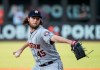 Houston Astros starting pitcher Gerrit Cole throws to a Cleveland Indians batter during the first inning of a baseball game in Cleveland, Thursday, Aug. 1, 2019. (AP Photo/Phil Long)