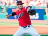 Cleveland Indians starting pitcher Adam Plutko delivers to Los Angeles Angels' Shohei Ohtani during the first inning of a baseball game in Cleveland, Saturday, Aug. 3, 2019. (AP Photo/Phil Long)