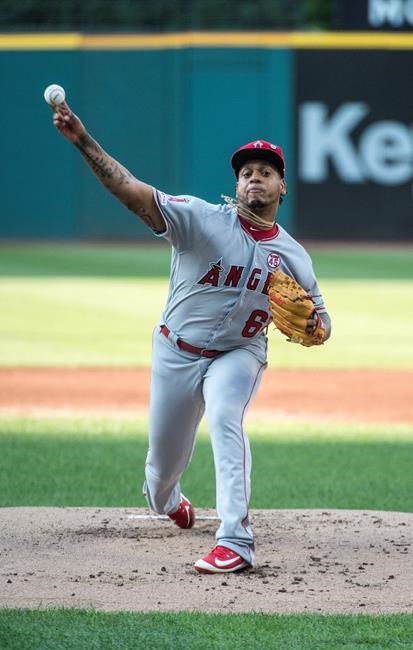 Los Angeles Angels starting pitcher Felix Pena delivers to Cleveland Indians' Francisco Lindor during the first inning of a baseball game in Cleveland, Saturday, Aug. 3, 2019. (AP Photo/Phil Long)