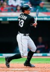 Chicago White Sox's James McCann watches his RBI single off Cleveland Indians starting pitcher Jefry Rodriguez during the sixth inning of a baseball game Tuesday, May 7, 2019, in Cleveland. (AP Photo/Ron Schwane)