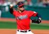 Cleveland Indians starting pitcher Corey Kluber delivers to the Atlanta Braves in the first inning during the first game of a baseball doubleheader, Saturday, April 20, 2019, in Cleveland. (AP Photo/Tony Dejak)