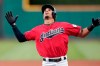 Cleveland Indians' Oscar Mercado looks up after hitting a solo home run during the first inning of the team's baseball game against the Detroit Tigers, Tuesday, Sept. 17, 2019, in Cleveland. (AP Photo/Tony Dejak)