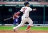 Cleveland Indians' Jose Ramirez watches his one-run double in the fourth inning in a baseball game against the Kansas City Royals, Monday, June 24, 2019, in Cleveland. Carlos Santana scored on the play. (AP Photo/Tony Dejak)