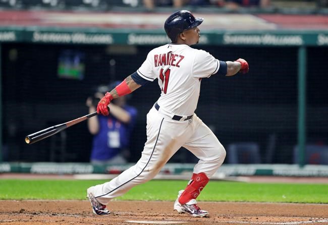 Cleveland Indians' Jose Ramirez watches his one-run double in the fourth inning in a baseball game against the Kansas City Royals, Monday, June 24, 2019, in Cleveland. Carlos Santana scored on the play. (AP Photo/Tony Dejak)