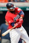 Cleveland Indians' Carlos Santana hits a solo home run during the fourth inning of the team's baseball game against the Boston Red Sox, Tuesday, Aug. 13, 2019, in Cleveland. (AP Photo/Tony Dejak)