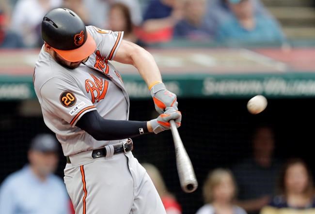 Baltimore Orioles' Trey Mancini hits a three-run home run off Cleveland Indians starting pitcher Trevor Bauer in the third inning of a baseball game, Thursday, May 16, 2019, in Cleveland. Jonathan Villar and Dwight Smith Jr. scored on the play. (AP Photo/Tony Dejak)