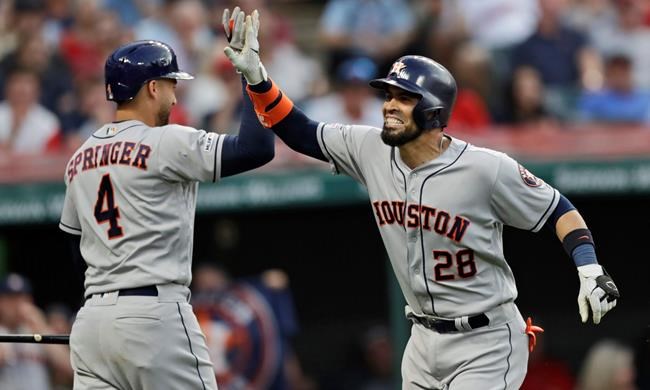 Houston Astros' Robinson Chirinos, right, celebrates with George Springer after Chirinos hit a solo home run in the fifth inning of a baseball game against the Cleveland Indians, Tuesday, July 30, 2019, in Cleveland. (AP Photo/Tony Dejak)