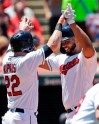 Cleveland Indians' Bobby Bradley, right, and Jason Kipnis celebrate after both score on a throwing error by Detroit Tigers' Niko Goodrum in the second inning in a baseball game, Sunday, June 23, 2019, in Cleveland. (AP Photo/Tony Dejak)