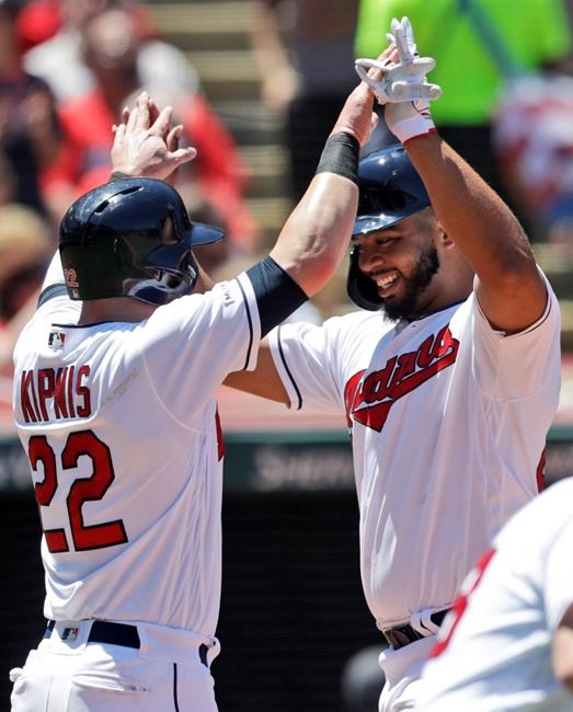 Cleveland Indians' Bobby Bradley, right, and Jason Kipnis celebrate after both score on a throwing error by Detroit Tigers' Niko Goodrum in the second inning in a baseball game, Sunday, June 23, 2019, in Cleveland. (AP Photo/Tony Dejak)