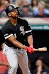 Chicago White Sox's Eloy Jimenez watches his solo home run in the eighth inning of the team's baseball game against the Cleveland Indians, Tuesday, Sept. 3, 2019, in Cleveland. (AP Photo/Tony Dejak)