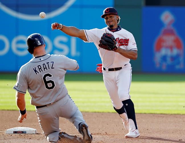 Cleveland Indians' Francisco Lindor, right, throws to first after forcing out Tampa Bay Rays' Erik Kratz at second base during the fourth inning of a baseball game Thursday, May 23, 2019, in Cleveland. Daniel Robertson was out at first base for the double play. (AP Photo/Tony Dejak)
