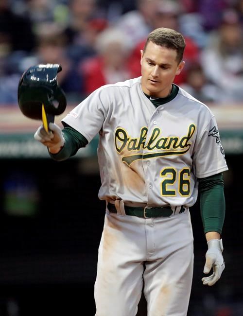 Oakland Athletics' Matt Chapman throws his helmet after striking out against Cleveland Indians starting pitcher Trevor Bauer in the sixth inning of a baseball game, Tuesday, May 21, 2019, in Cleveland. (AP Photo/Tony Dejak)