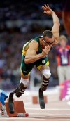 South Africa's Oscar Pistorius starts the 400-meter semifinals heat during the athletics competition in the Olympic Stadium at the 2012 Summer Olympics, London, Sunday, Aug. 5, 2012. (AP Photo/Lee Jin-man)