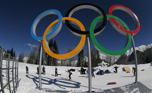Cross country skiers pass by the Olympic rings prior to the 2014 Winter Olympics, Wednesday, Feb. 5, 2014, in Krasnaya Polyana, Russia. (AP Photo/Dmitry Lovetsky)