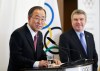 United Nations Secretary-General Ban Ki-moon, left, is joined at a news conference by International Olympic Committee President Thomas Bach following Ban's address to the IOC's general assembly ahead of the upcoming 2014 Winter Olympics, Thursday, Feb. 6, 2014, in Sochi, Russia. It was the first time a U.N. secretary-general delivered a keynote address to the IOC's general assembly. (AP Photo/David Goldman)