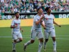 Los Angeles FC's Carlos Vela, right, smiles after a goal during an MLS soccer match against the Portland Timbers on Saturday, June 1, 2019, in Portland, Ore. (Tim Brown/The Oregonian via AP)