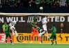 New England Revolution's Juan Agudelo (17) tries to head the ball toward the goal during the team's MLS soccer match against the Portland Timbers on Wednesday, Sept. 25, 2019, in Portland, Ore. (Sean Meagher/The Oregonian via AP)