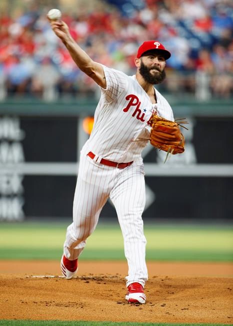Philadelphia Phillies starting pitcher Jake Arrieta delivers during the first inning of a baseball game against the Atlanta Braves, Friday, July 26, 2019, in Philadelphia. (AP Photo/Chris Szagola)