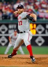 Washington Nationals starting pitcher Stephen Strasburg throws during the first inning of the team's baseball game against the Philadelphia Phillies, Tuesday, April 9, 2019, in Philadelphia. (AP Photo/Chris Szagola)