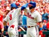 Philadelphia Phillies' Bryce Harper, left, celebrates his home run with Rhys Hoskins, right, during the first inning of a baseball game against the Atlanta Braves, Sunday, July 28, 2019, in Philadelphia. (AP Photo/Chris Szagola)