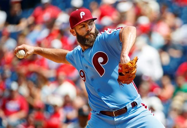 Philadelphia Phillies starting pitcher Jake Arrieta throws a pitch during the third inning of a baseball game against the San Francisco Giants, Thursday, Aug. 1, 2019, in Philadelphia. (AP Photo/Chris Szagola)