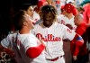 Philadelphia Phillies' Odubel Herrera, right, celebrates his home run with Rhys Hoskins, left, during the fourth inning of a baseball game against the Washington Nationals, Monday, April 8, 2019, in Philadelphia. (AP Photo/Chris Szagola)