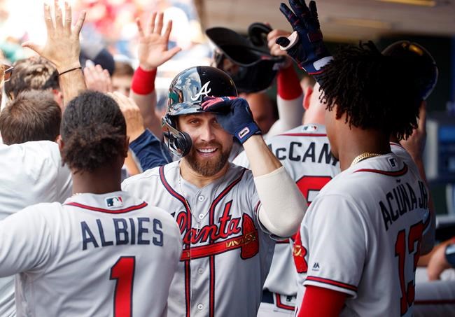 Atlanta Braves' Ender Inciarte celebrates his three-run home run with teammates during the seventh inning of a baseball game against the Philadelphia Phillies, Sunday, July 28, 2019, in Philadelphia. (AP Photo/Chris Szagola)
