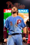 Philadelphia Phillies' Bryce Harper celebrates the team's win over the Chicago Cubs in a baseball game Thursday, Aug. 15, 2019, in Philadelphia. The Phillies won 7-5 on a grand slam by Harper in the ninth. (AP Photo/Chris Szagola)