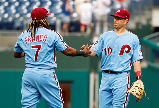 Philadelphia Phillies' J.T. Realmuto, right, celebrates the win with Maikel Franco, left, following the ninth inning of a baseball game against the San Francisco Giants, Thursday, Aug. 1, 2019, in Philadelphia. Phillies won 10-2. (AP Photo/Chris Szagola)