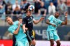 Montreal Impact's Samuel Piette, center, heads the ball past the defense of Philadelphia Union's Kacper Przybylko, left, and Fafa Picault during the second half of an MLS soccer match, Saturday, April 20, 2019, in Chester, Pa. The Union won 3-0. (AP Photo/Derik Hamilton)