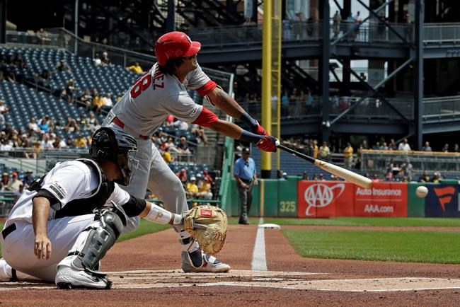 St. Louis Cardinals' Jose Martinez drives in a run with an RBI single off Pittsburgh Pirates starting pitcher Joe Musgrove during the first inning of a baseball game in Pittsburgh, Thursday, July 25, 2019. (AP Photo/Gene J. Puskar)
