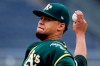 Oakland Athletics starting pitcher Frankie Montas delivers during the first inning of a baseball game against the Pittsburgh Pirates in Pittsburgh, Sunday, May 5, 2019. (AP Photo/Gene J. Puskar)