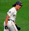 Pittsburgh Pirates' Cole Tucker rounds third after hitting a two-run home run off San Francisco Giants starting pitcher Derek Holland for his first major league hit in his first major league game in Pittsburgh, Saturday, April 20, 2019. (AP Photo/Gene J. Puskar)