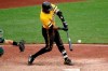 Pittsburgh Pirates' Starling Marte hits a three-run walk-off home run off Oakland Athletics relief pitcher Fernando Rodney in the 13th inning of a baseball game in Pittsburgh, Sunday, May 5, 2019. The Pirates won 5-3. (AP Photo/Gene J. Puskar)
