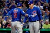 Chicago Cubs' Javier Baez (9) celebrates with Anthony Rizzo after hitting a solo home run off Pittsburgh Pirates starting pitcher Chris Archer during the fifth inning of a baseball game in Pittsburgh, Wednesday, July 3, 2019. (AP Photo/Gene J. Puskar)