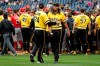 Pittsburgh Pirates starting pitcher Chris Archer (24) walks away from a bench clearing brawl with fellow pitcher Trevor Williams (34) during the fourth inning of a baseball game in Pittsburgh, Sunday, April 7, 2019. A wild pitch by Archer during an at-bat by Reds' Derek Dietrich started the fight. (AP Photo/Gene J. Puskar)