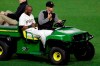 Pittsburgh Pirates center fielder Starling Marte is driven off the field after colliding with shortstop Erik Gonzalez while attempting to field a fly ball to short center by San Francisco Giants' Yangervis Solarte during the eighth inning of a baseball game in Pittsburgh, Friday, April 19, 2019. The Pirates won 4-1. (AP Photo/Gene J. Puskar)