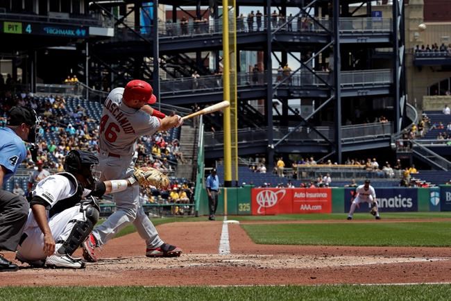 St. Louis Cardinals' Paul Goldschmidt hits a solo home run off Pittsburgh Pirates starting pitcher Joe Musgrove during the fourth inning of a baseball game in Pittsburgh, Thursday, July 25, 2019. The Cardinals won 6-3. (AP Photo/Gene J. Puskar)