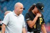 Pittsburgh Pirates starting pitcher Chris Archer, right, leaves the field with trainer Bryan Housand before the start of the second inning in a baseball game against the Washington Nationals, Tuesday, Aug. 20, 2019, in Pittsburgh. (AP Photo/Keith Srakocic)