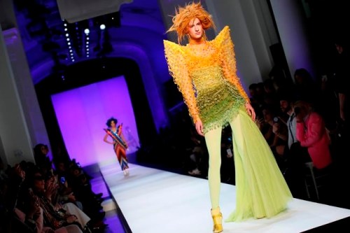 A model wears a creation for Jean-Paul Gaultier's Spring/Summer 2019 Haute Couture fashion collection presented in Paris, Wednesday Jan.23, 2019. (AP Photo/Francois Mori)