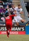 Toronto FC forward midfielder Nick DeLeon (18) and Philadelphia Union defender Jack Elliott (3) battle for possession of the ball in the second half during an MLS soccer match in Chester, Pa., Saturday, March 2, 2019. Toronto defeated Philadelphia 3-1. (AP Photo/Rich Schultz)