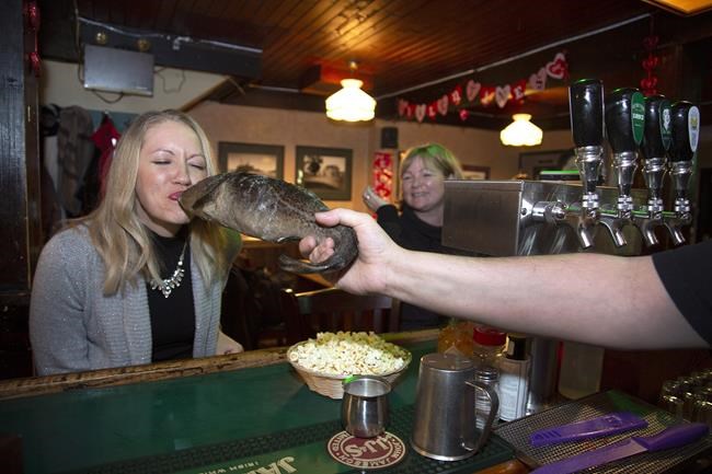 Roxanne Logan of Johannesburg, South Africa kisses the Cod as she is “ScreechedIn” by Brian Day at Christian’s Pub on Wednesday February 13, 2019 in St. John’s NL receive a certificate. THE CANADIAN PRESS/Paul Daly