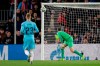 Slavia's goalkeeper Ondrej Kolar watches Barcelona's Lionel Messi's shot bounce off the post during a Champions League group F soccer match between Barcelona and Slavia Praha at Camp Nou stadium in Barcelona, Spain, Tuesday, Nov. 5, 2019. (AP Photo/Emilio Morenatti)