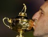 European team captain Jose Maria Olazabal kisses the trophy after winning the Ryder Cup PGA golf tournament Sunday, Sept. 30, 2012, at the Medinah Country Club in Medinah, Ill. (AP Photo/David J. Phillip)