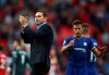 Chelsea's head coach Frank Lampard, left, and Chelsea's Cesar Azpilicueta acknowledge spectators after the English Premier League soccer match between Manchester United and Chelsea at Old Trafford in Manchester, England, Sunday, Aug. 11, 2019. (AP Photo/Dave Thompson)